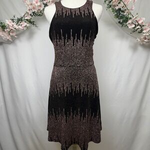 Social Code Metallic Rose Gold Black Drip Dress L Halter Keyhole H225701